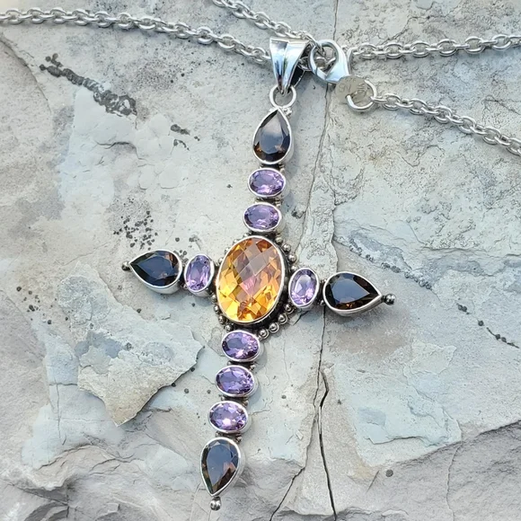 NICKY BUTLER NB 925 Sterling Silver Amethyst Smoky Quartz Cross Pendant Necklace - Picture 11 of 12